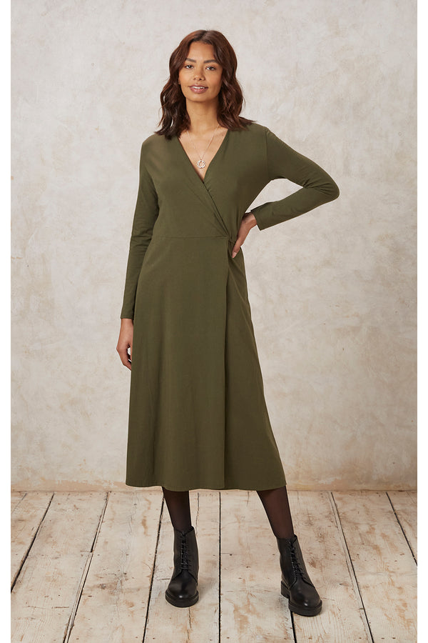 COS Synthetic Draped Ruched Olive Green Jersey Stretchy Dress
